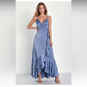 Lulu’s In Love Forever Blue Satin Lace-Up High-Low Maxi Dress
